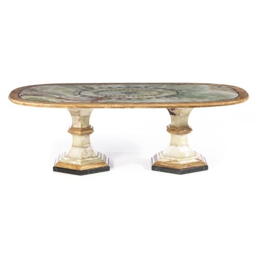 Mesa de sala de jantar oval em mármore negro; ágata e madeira fossiliz