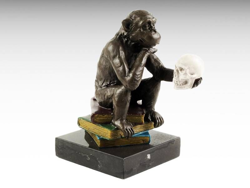 Escultura de bronze - Macaco Darwin com caveira na mão