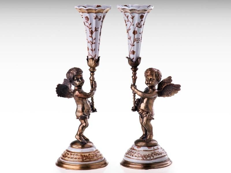Conjunto de dois castiçais de porcelana e bronze - Art Deco