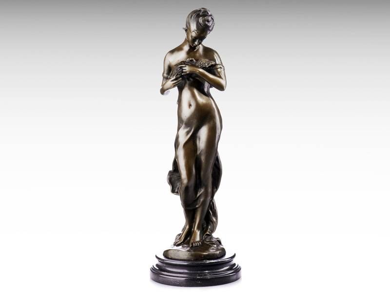 Escultura de bronze - Mulher de Vestido com pássaro - Art Nouveau