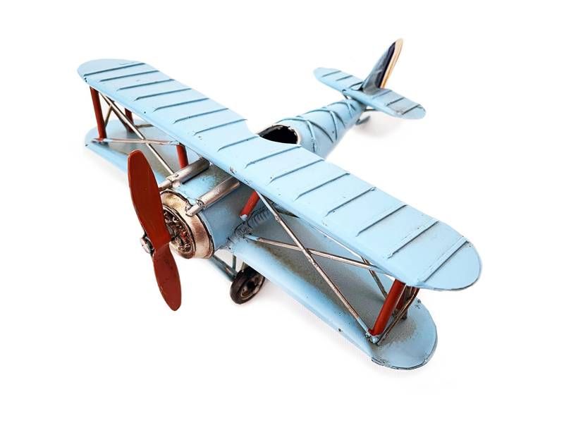 Modelo de metal - Avião vintage; biplano azul; de hélice móvel; da 1ª